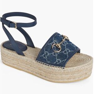Brand New Gucci Paloma GG Denim Espadrille Platform Sandals